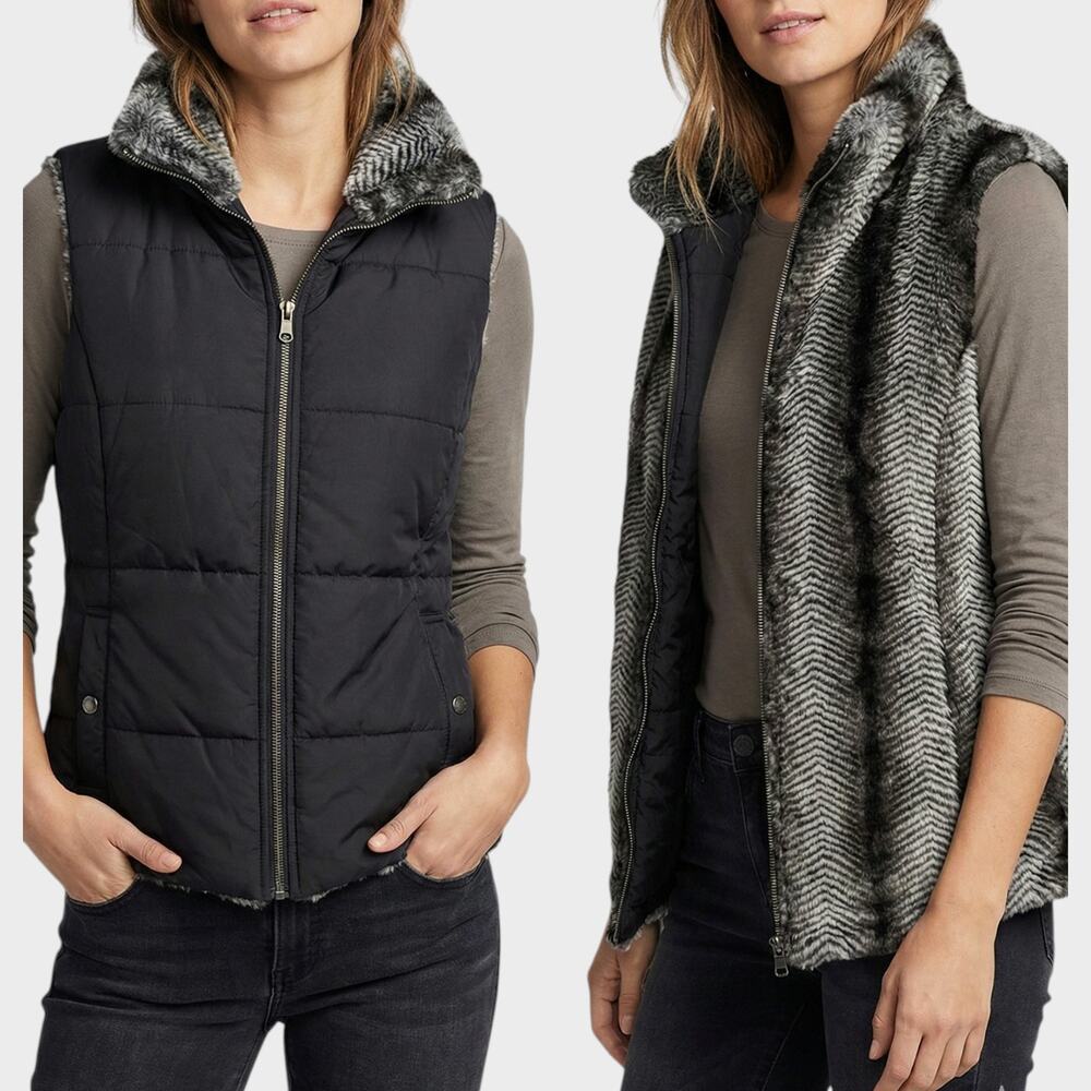 KC Collections Small Black Puff Womens Full Zip Reversible Vest Gray Faux Fur